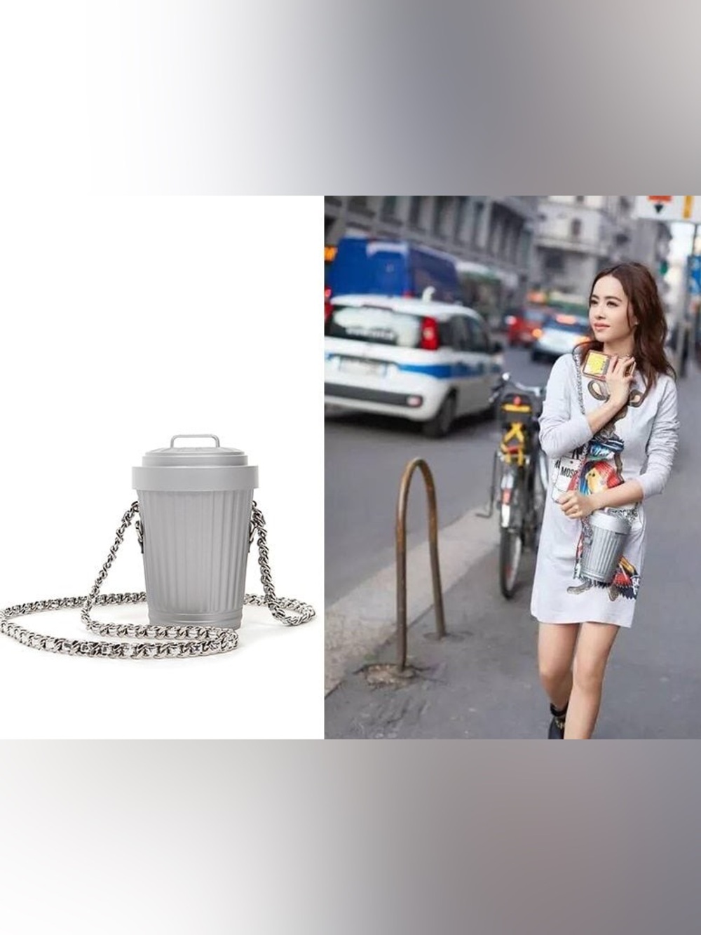 NWT Moschino Trash Can Crossbody Silver Metallic with Chunky Chain - Picture 3 of 13
